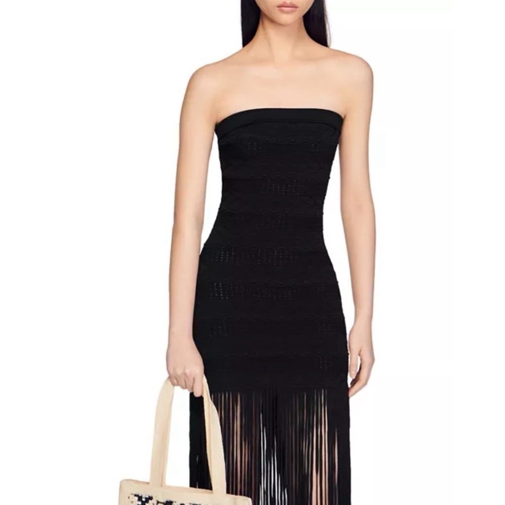 NWT Sandro Maldives Knit Fringe Strapless Dress Black Tight Bodycon Sz 40 - Picture 3 of 14